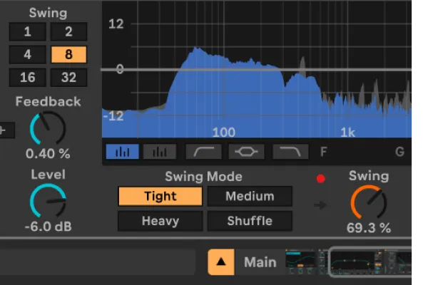 Swing Delay for Ableton Live placing its repeats in time with a swung groove
