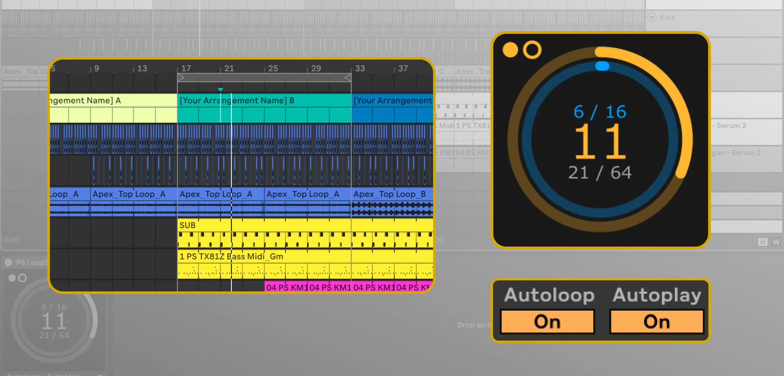 Music production software interface with timeline and control panel on a gray background. Promotional image for LoopScope, a Max for Live Midi Device from Producerstack.com