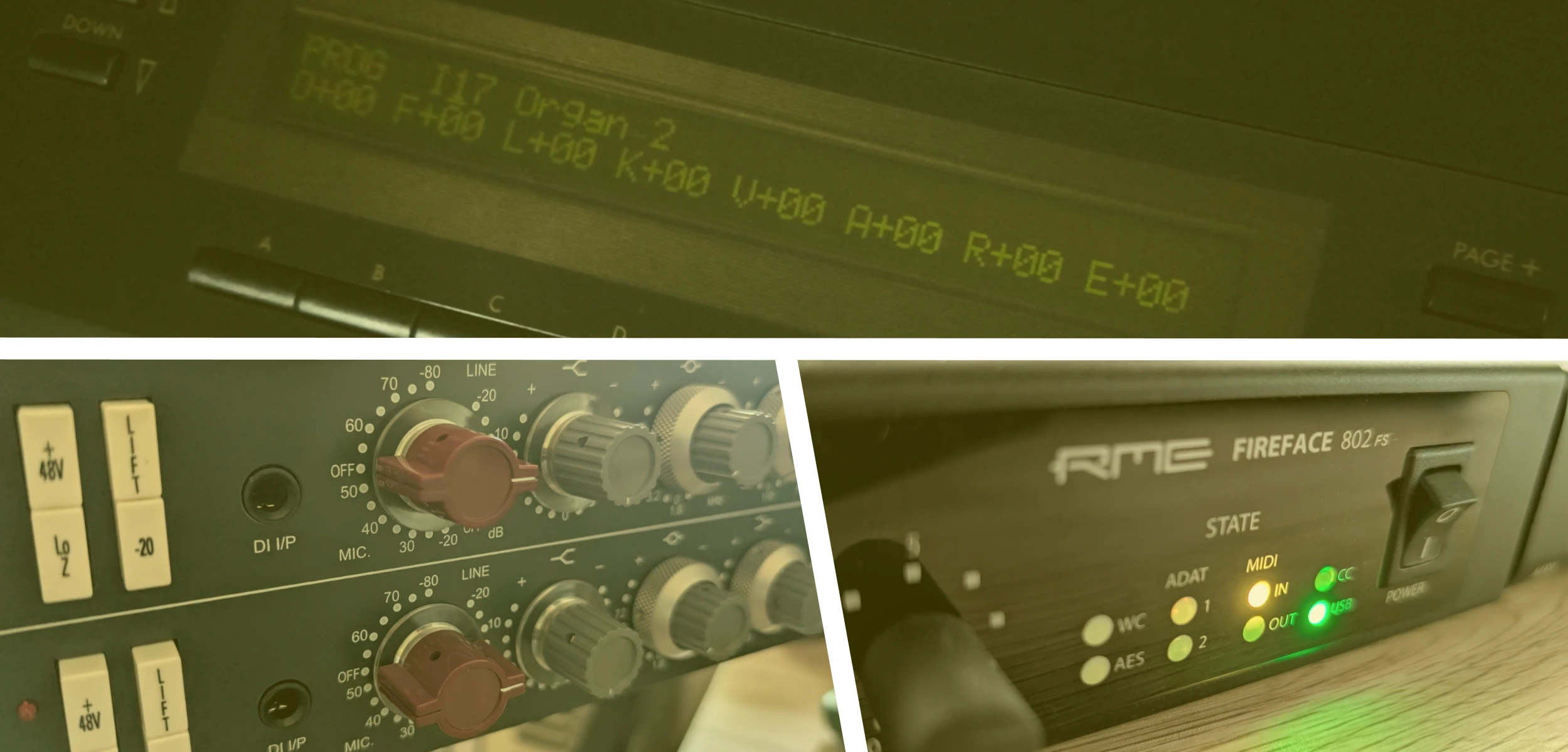 Collage of audio equipment with digital display and control knobs.