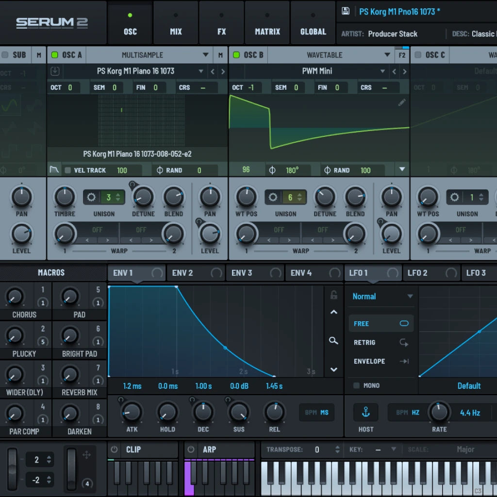 Serum synthesizer software interface with various controls and parameters displayed from The Korg M1 Organ 2 1073 Serum 2 Preset ProducerStack.com