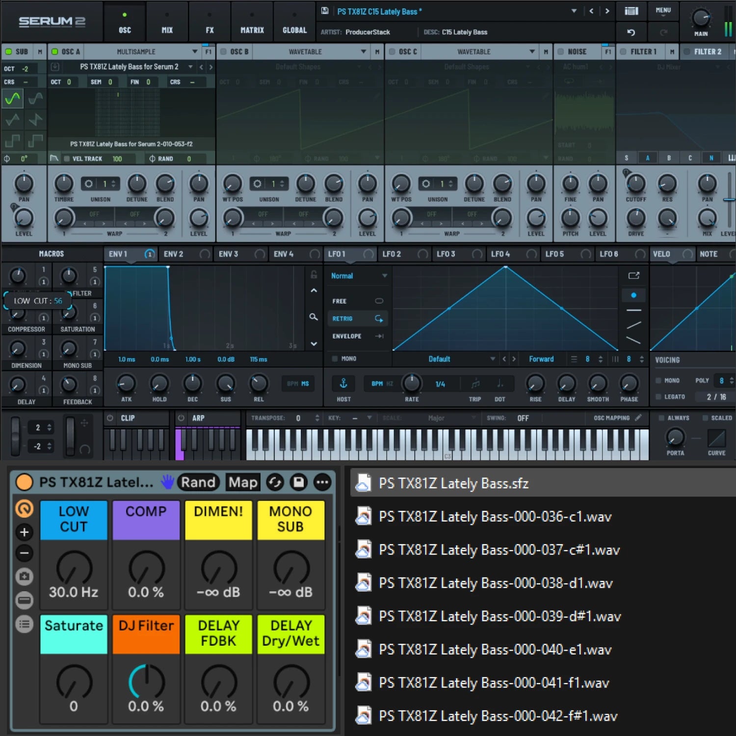 Software synthesizer interface with various controls and waveforms on a dark background