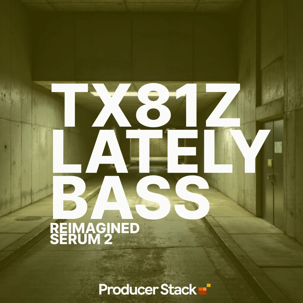 Promotional graphic for 'TX81Z LATELY BASS' reimagined for Serum 2 by ProducerStack in a dimly lit hallway.
