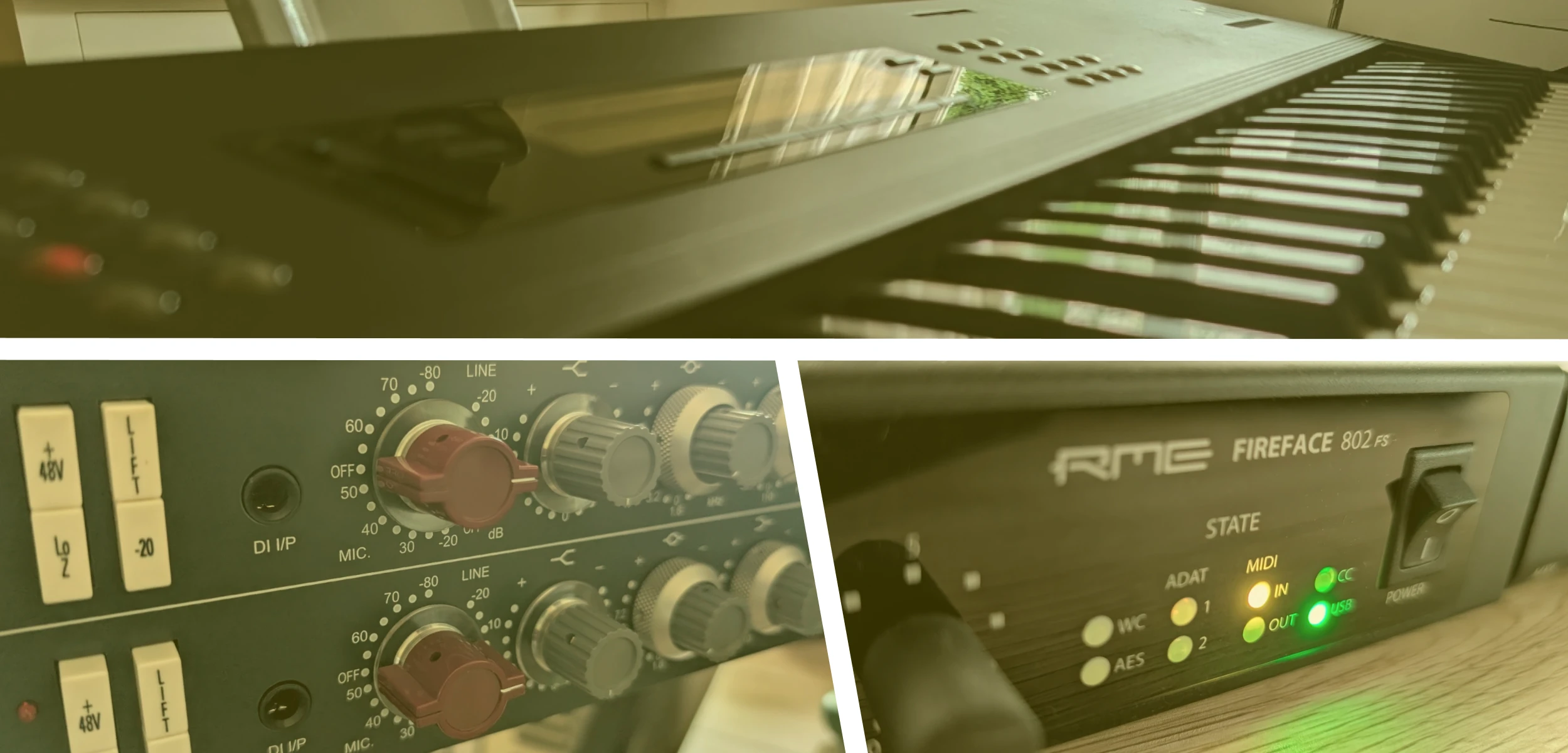 Promotional graphic for Korg M1 Piano 16 1073 record chain with Neve 1073DPX and RME Fireface 802s