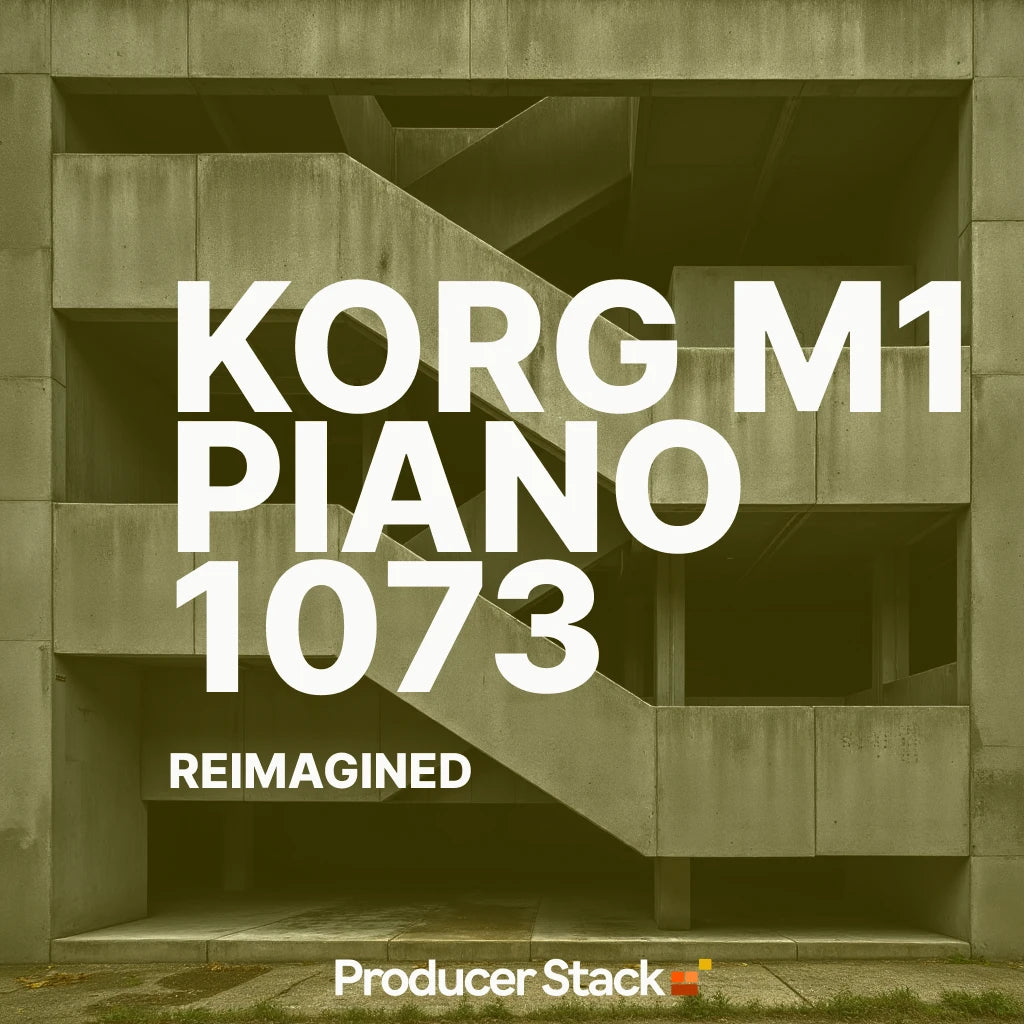 Text 'KORG M1 PIANO 1073 REIMAGINED' on a concrete wall background with 'Producer Stack' logo.