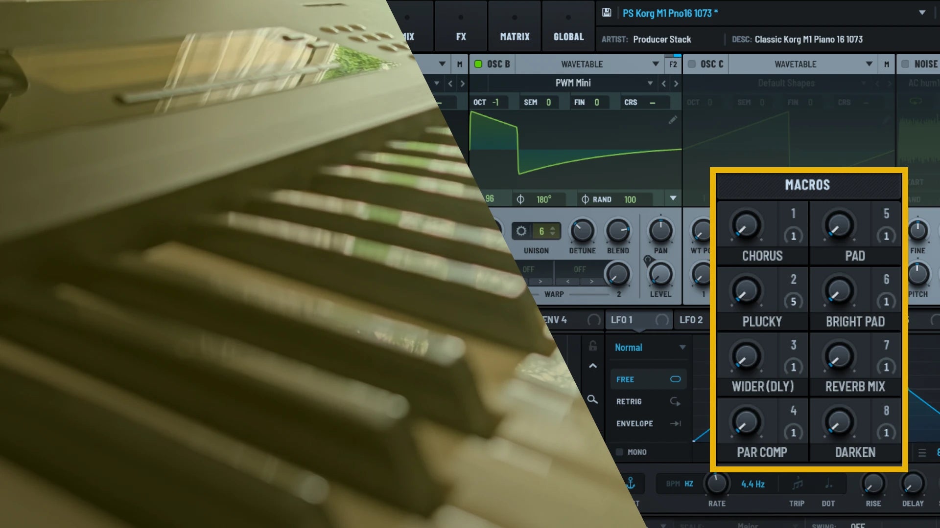 Split image of Korg M1 original Keyboard and Serum 2 Interface from Classic Korg M1 Piano 16 1073 From Producerstack.com