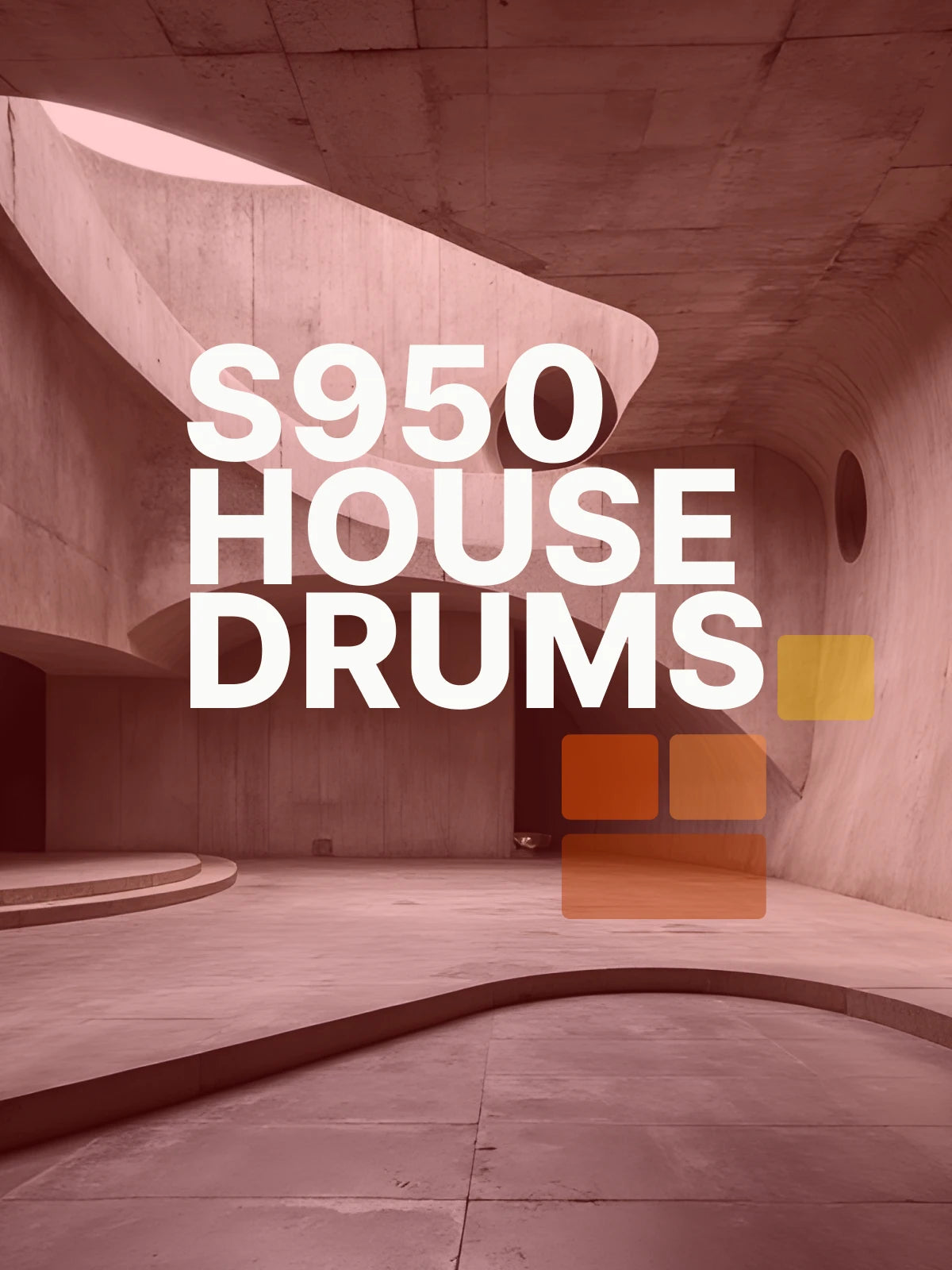 Sample Pack cover for 'S950 House Drums' by ProducerStack.com with a modern architectural background.