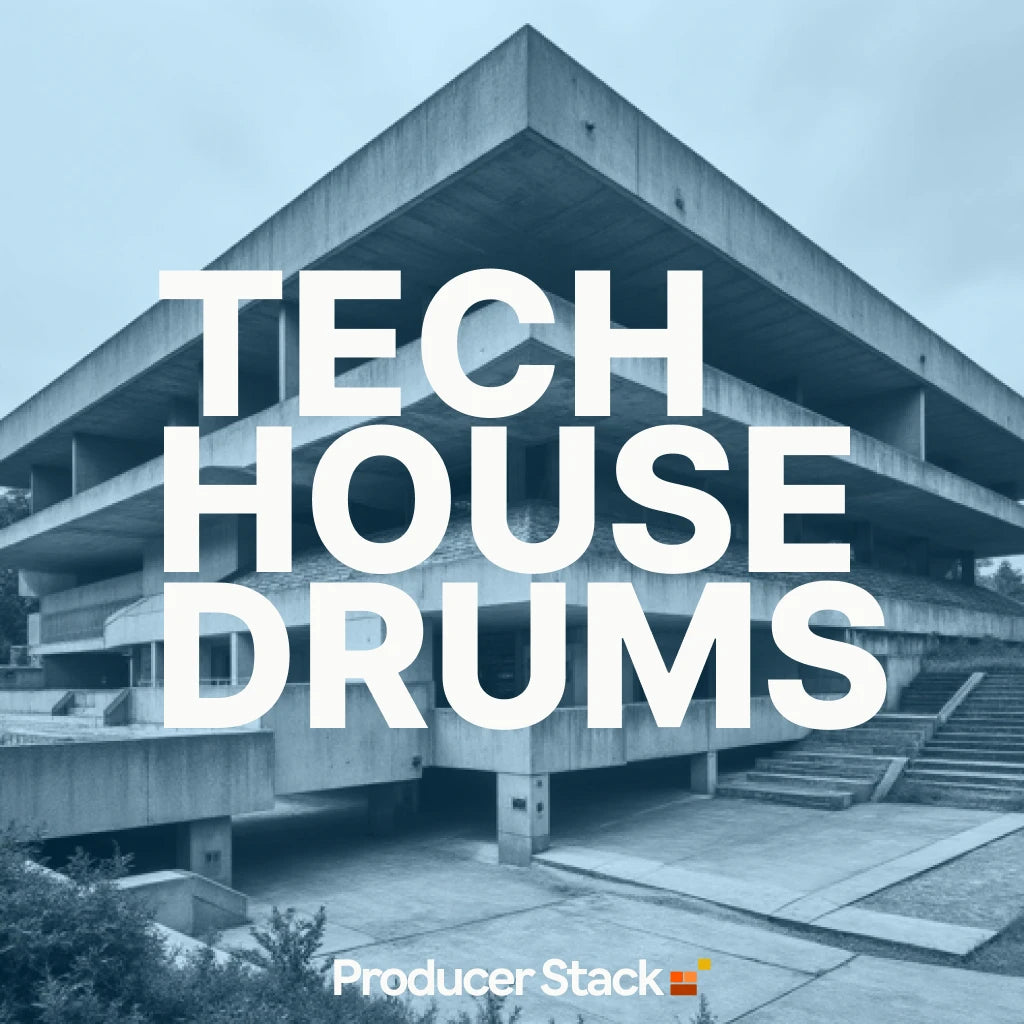 Sample Pack Cover showing Modern architectural building for 'Tech House Drums' from ProducerStack.com.