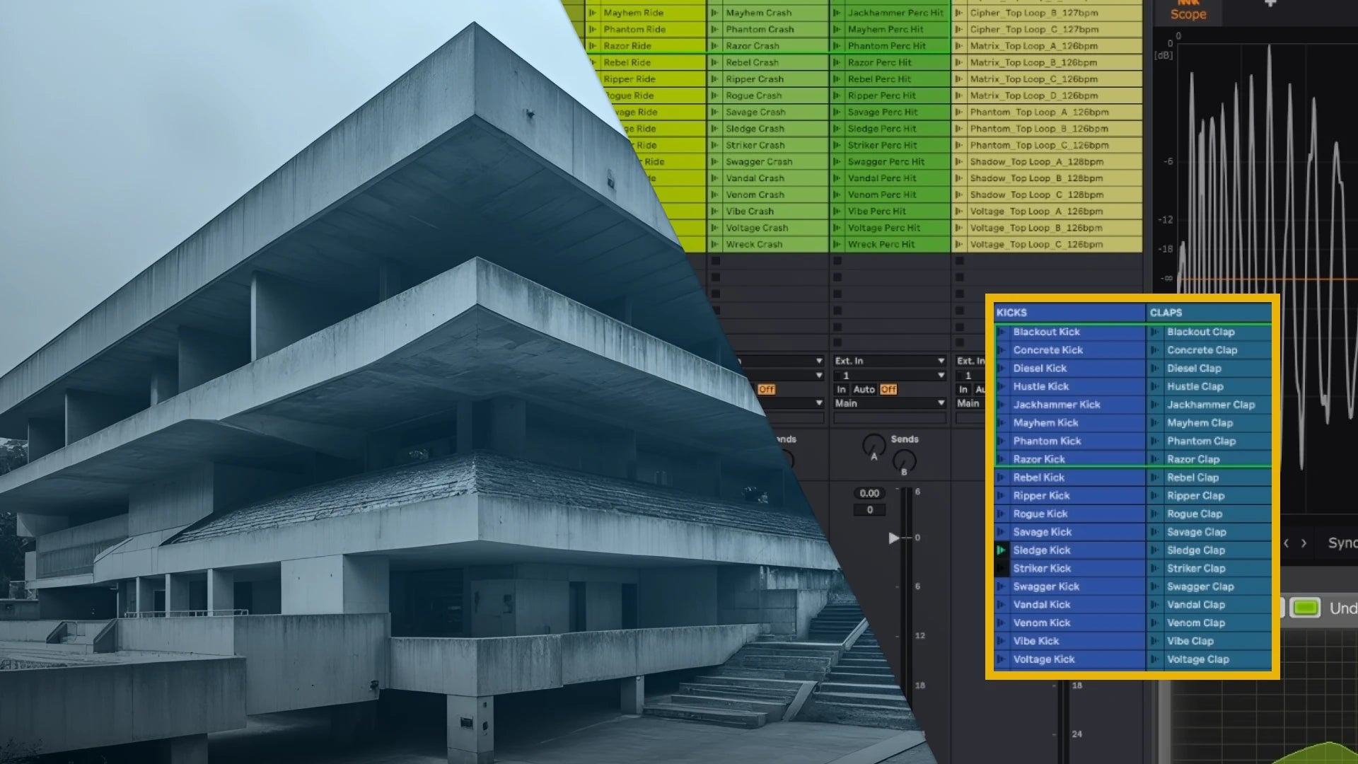 Youtube Poster Image for Tech House Drums Sample Pack Walk through video Modern concrete building with software interface elements on a gray background