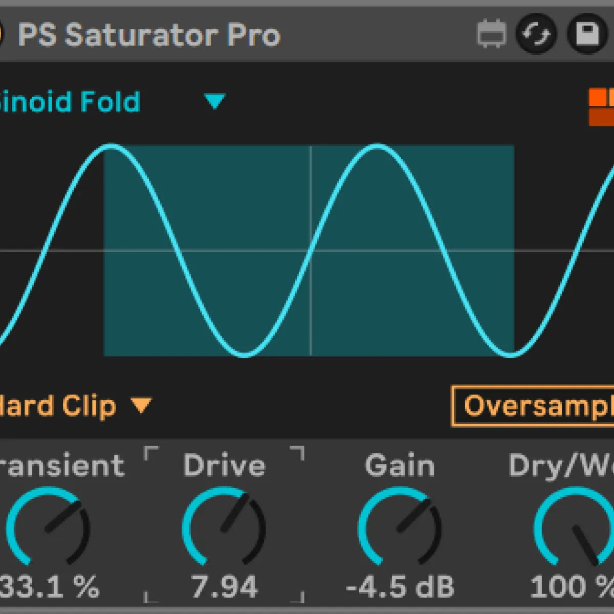 Image of PS Saturator Pro - A Max for Live Device from Producersatck.com.
Audio processing software interface with a curve graph and control knobs on a dark background