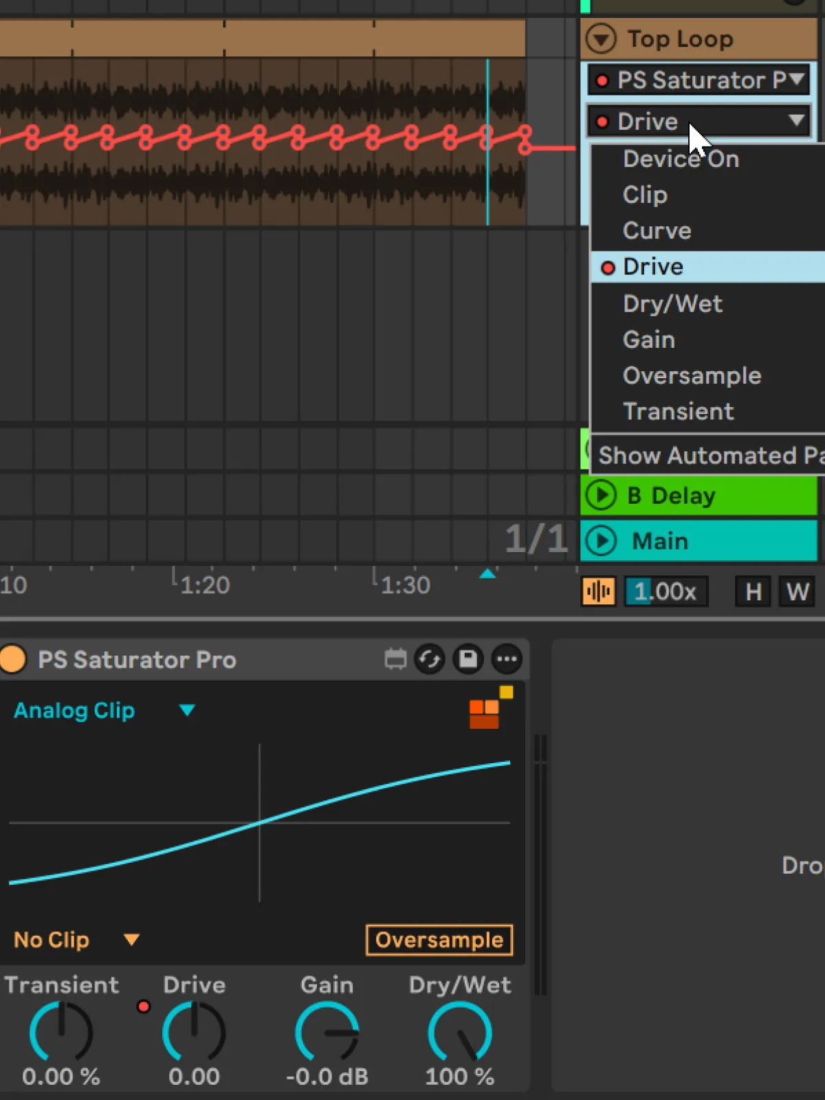 Image of PS Saturator Pro Automation Options.
Audio processing software interface with a curve graph and control knobs on a dark background- A Max for Live Device from Producersatck.com