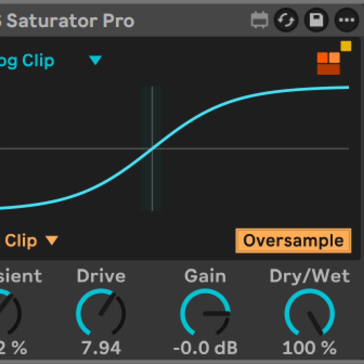 Image of PS Saturator Pro
Audio processing software interface with a curve graph and control knobs on a dark background- A Max for Live Device from Producersatck.com