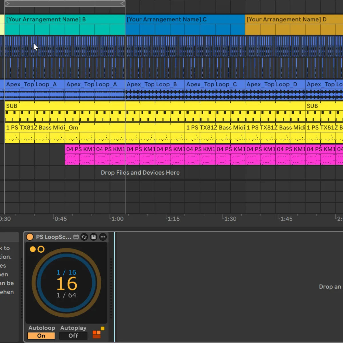 Music production software interface with tracks and loops. Promotional image for LoopScope, a Max for Live Midi Device from Producerstack.com