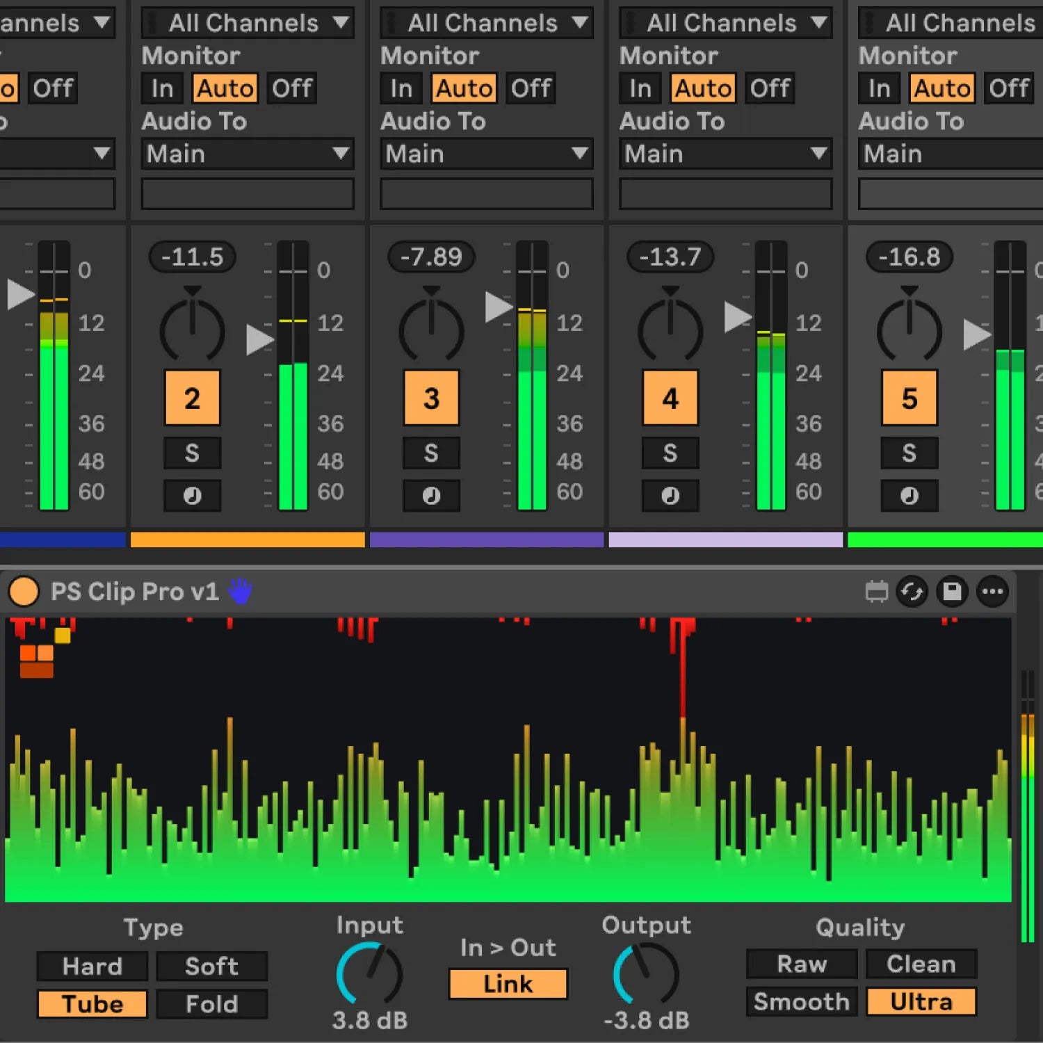 Clip Pro device loaded on midi tracks in Ableton Live 12 with Hard and Ultra settings