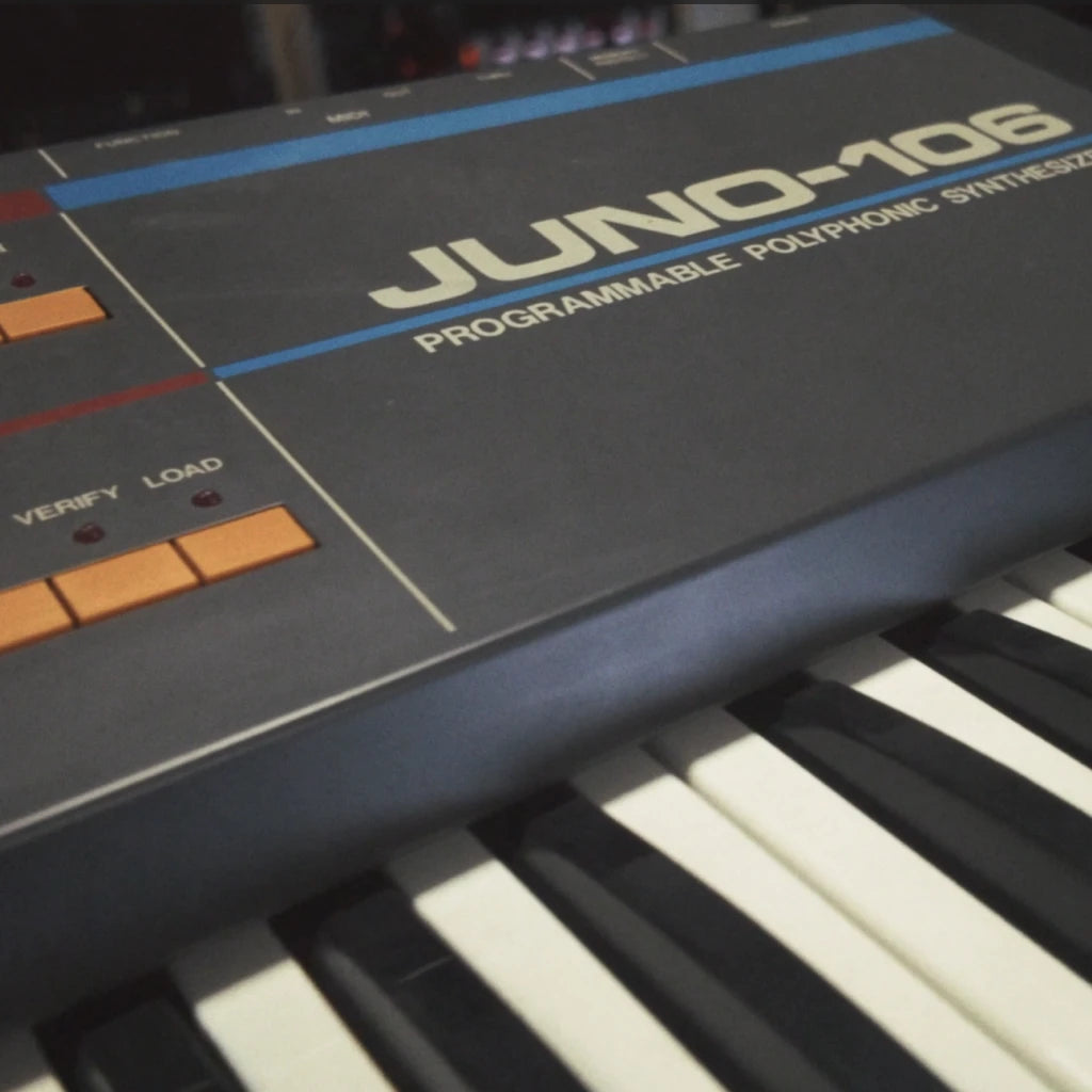 Roland Juno 106 synthesizer close-up — original hardware source for ProducerStack multi-samples