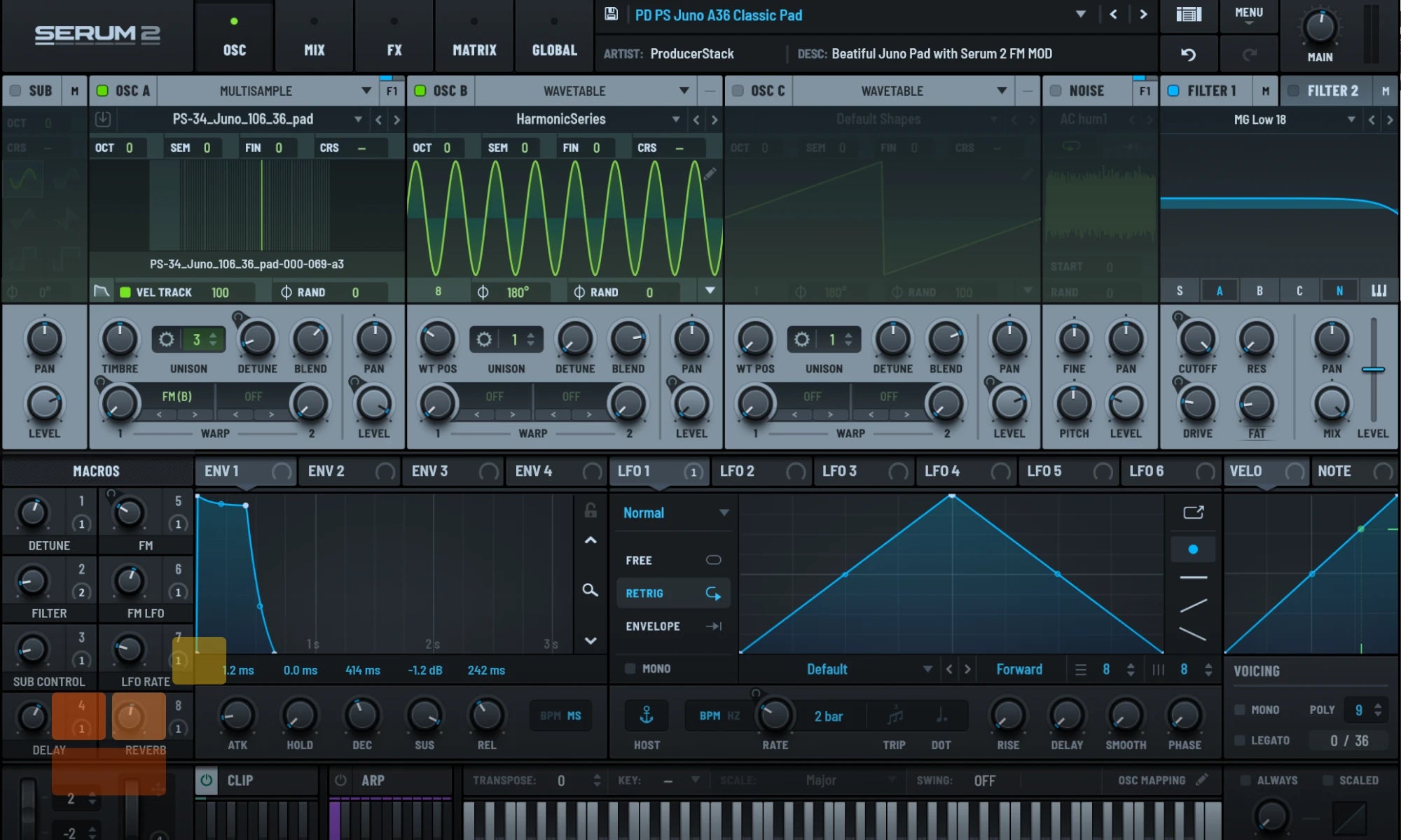 Serum 2 software interface for music production with various controls and settings. In support of the Roland Juno 106 1073 Serum 2 Preset Pack from Producertack.com