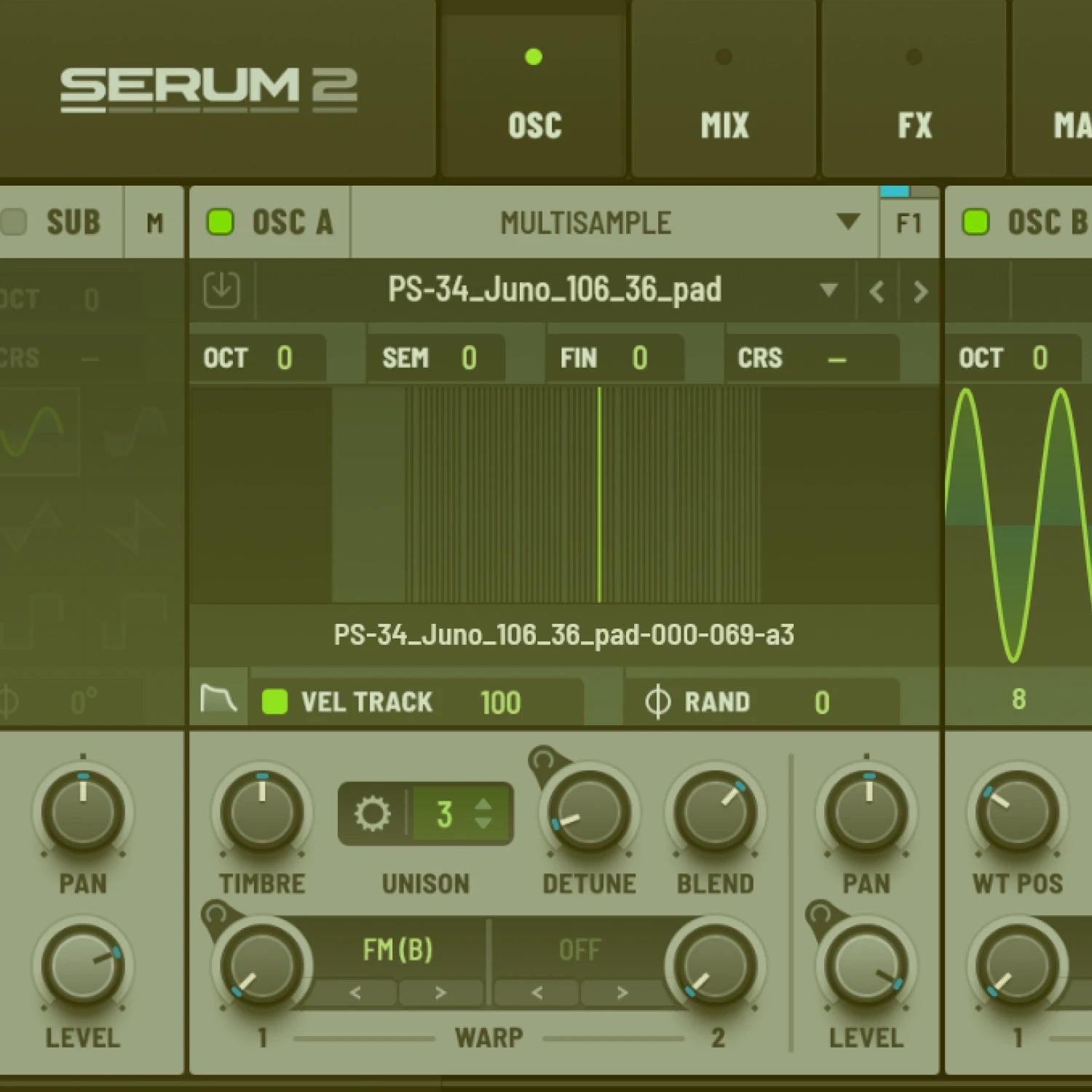Serum 2 software interface for music production with various controls and settings. In support of the Roland Juno 106 1073 Serum 2 Preset Pack from Producertack.com
