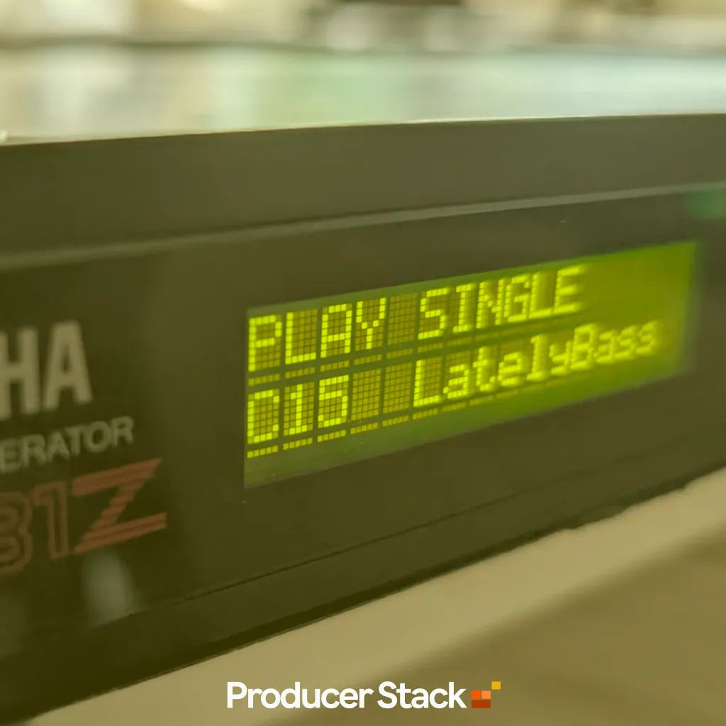 Yamaha TX81Z showing the Lately Bass patch, sampled for the House Keys Essentials MPC Expansion by ProducerStack