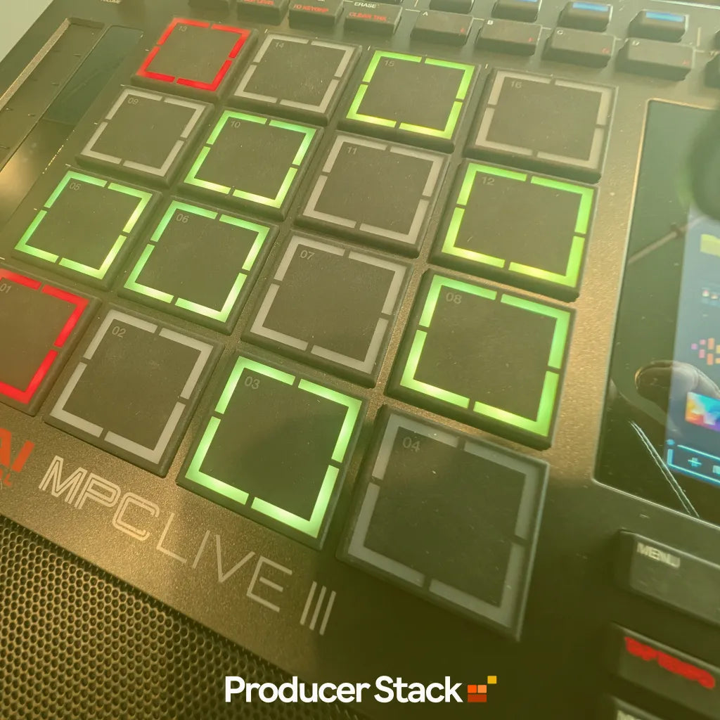Akai MPC Live III with pads lit up loading the House Keys Essentials MPC Expansion by ProducerStack