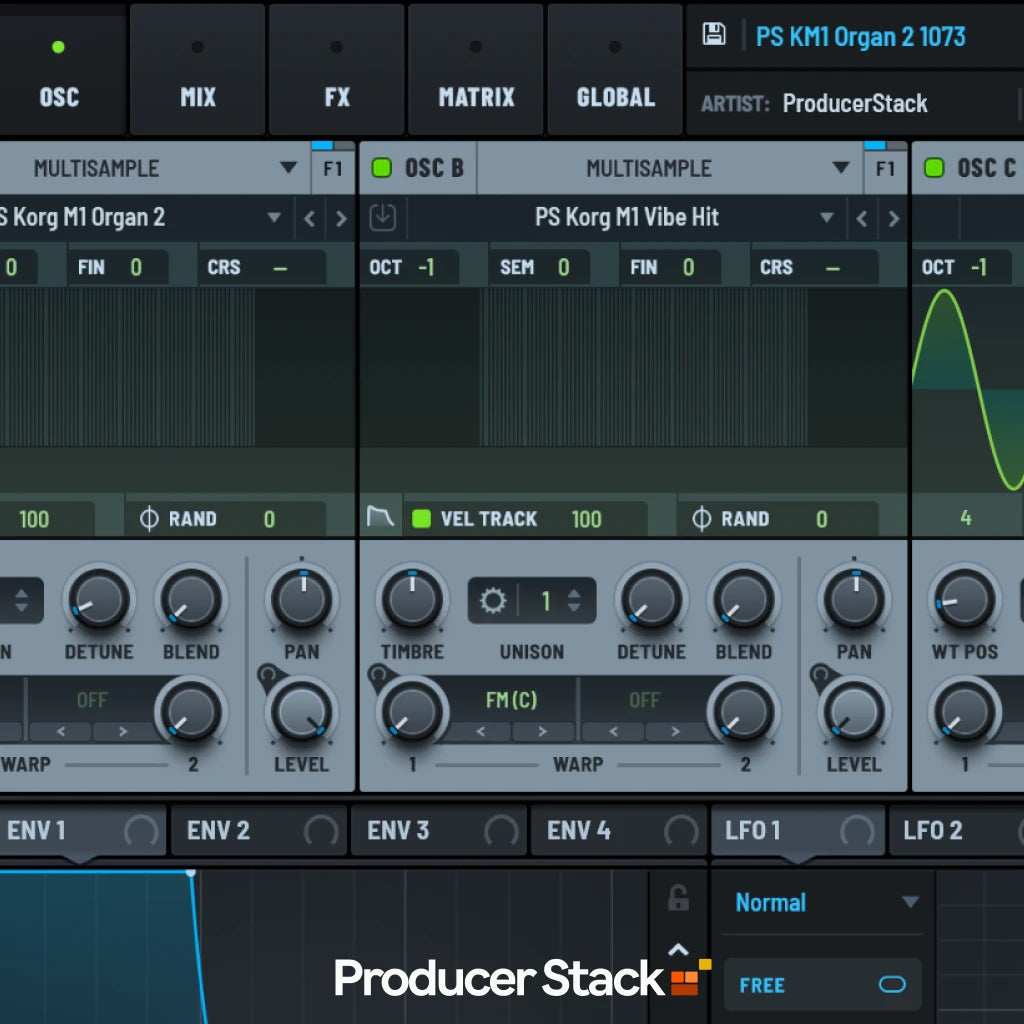 Serum 2 loaded with the PS KM1 Organ 2 1073 preset, oscillator A running the Korg M1 Organ 2 multisample