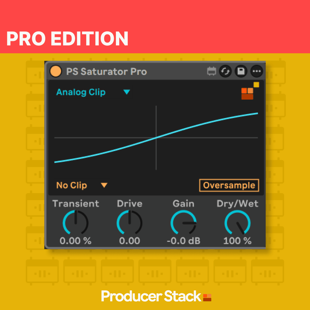 Animation of PS Saturator Pro - A Max for Live Device from Producersatck.com.
Audio processing software interface with a curve graph and control knobs on a dark background