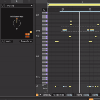 Animation of MIDI notes nudged a few milliseconds off the grid in Ableton Live to add groove