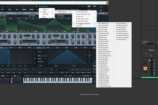 Tech House Essentials preset bank open in Serum 2, showing the preset list with the macro and Flex controls