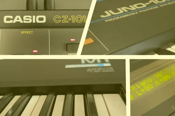 Collage of the vintage machines in the Heritage Sounds Bundle: Casio CZ-101, Roland Juno-106 and Korg M1