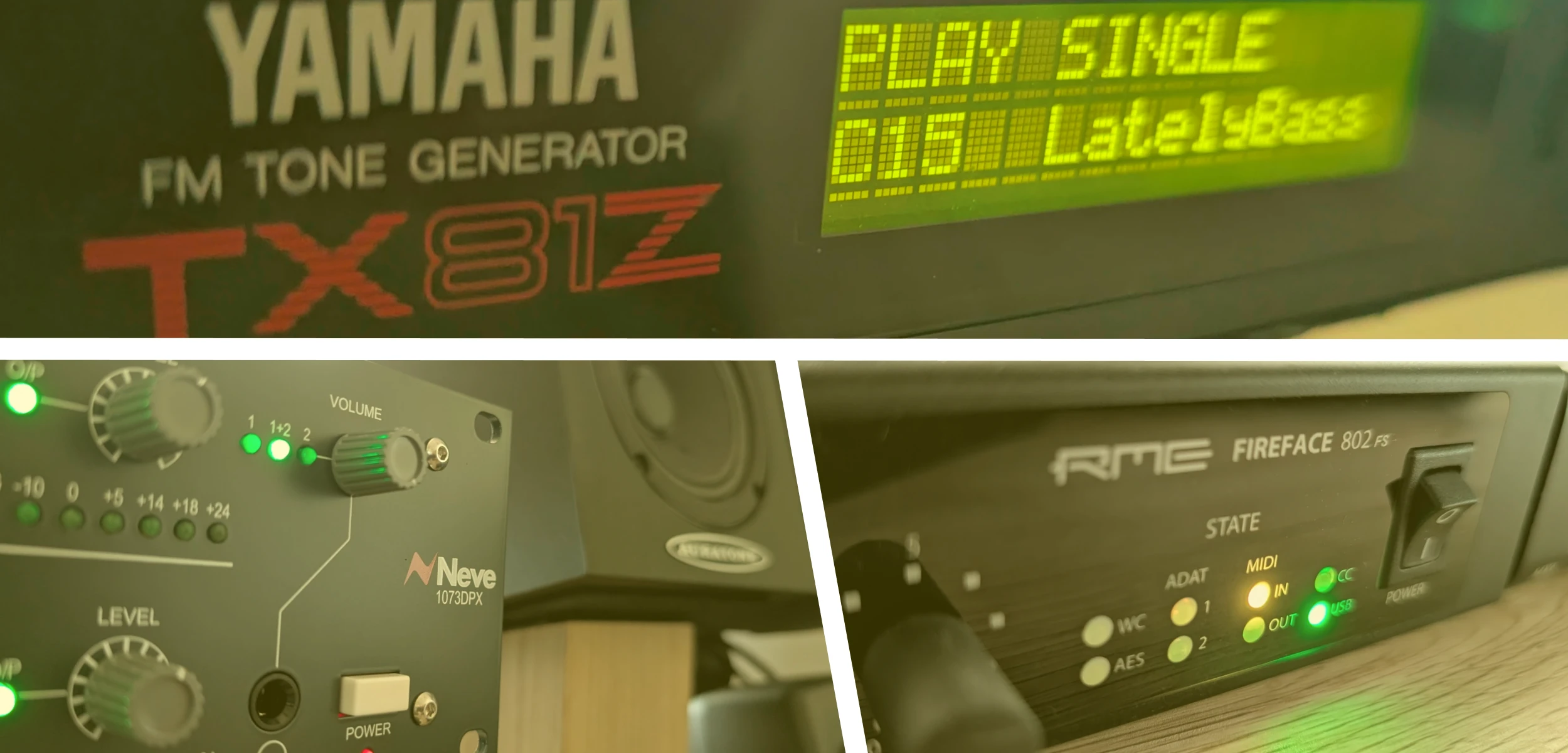 Promotional graphic for TX81Z Lately Bass record chain with Neve 1073DPX and Fireface 802s