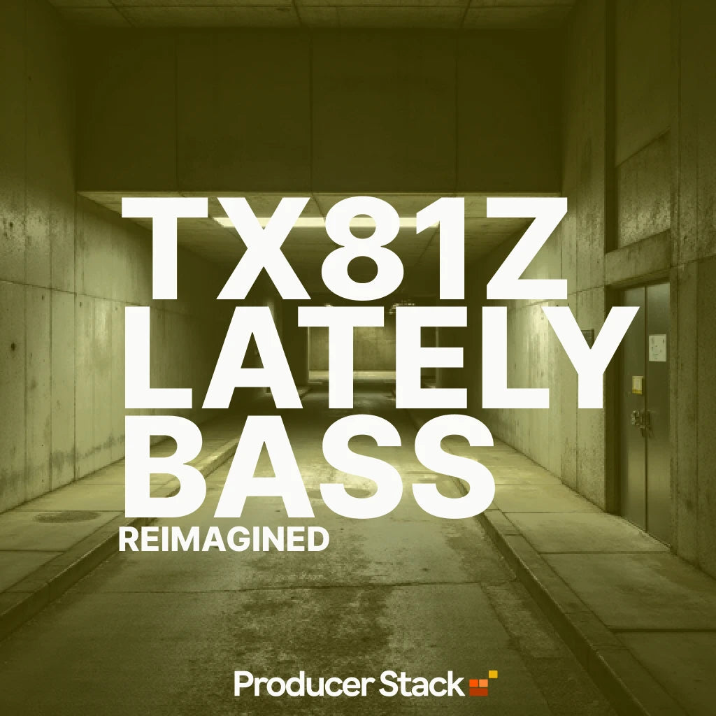 Promotional graphic for 'TX81Z LATELY BASS REIMAGINED' SERUM2 Preset by Producer Stack in a dimly lit hallway.