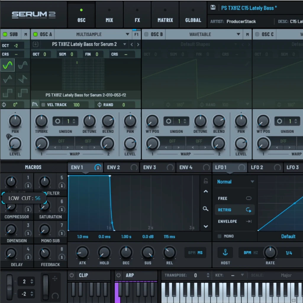 Serum software interface for music production on a computer screen 'TX81Z LATELY BASS' by Producer Stack 