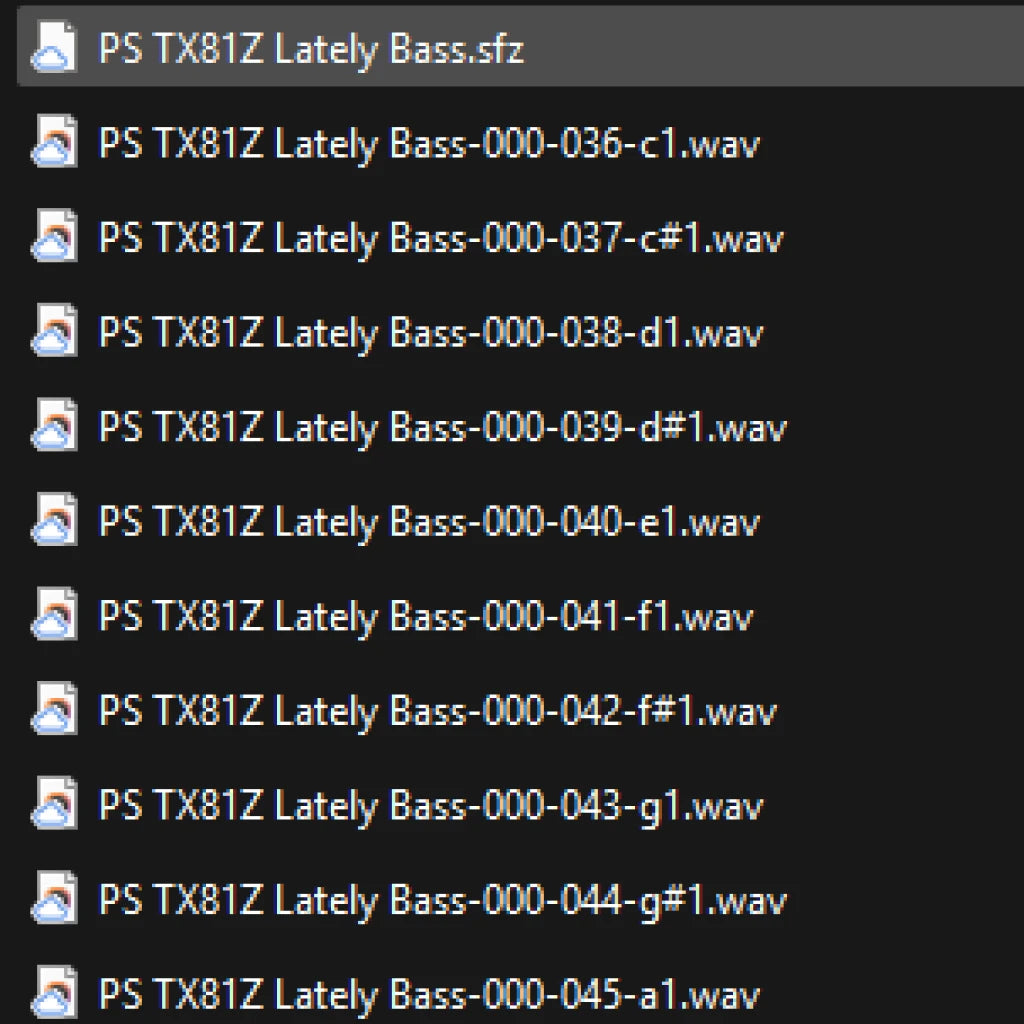 List of audio files with 'PS TX81Z Lately Bass' prefix on a black background