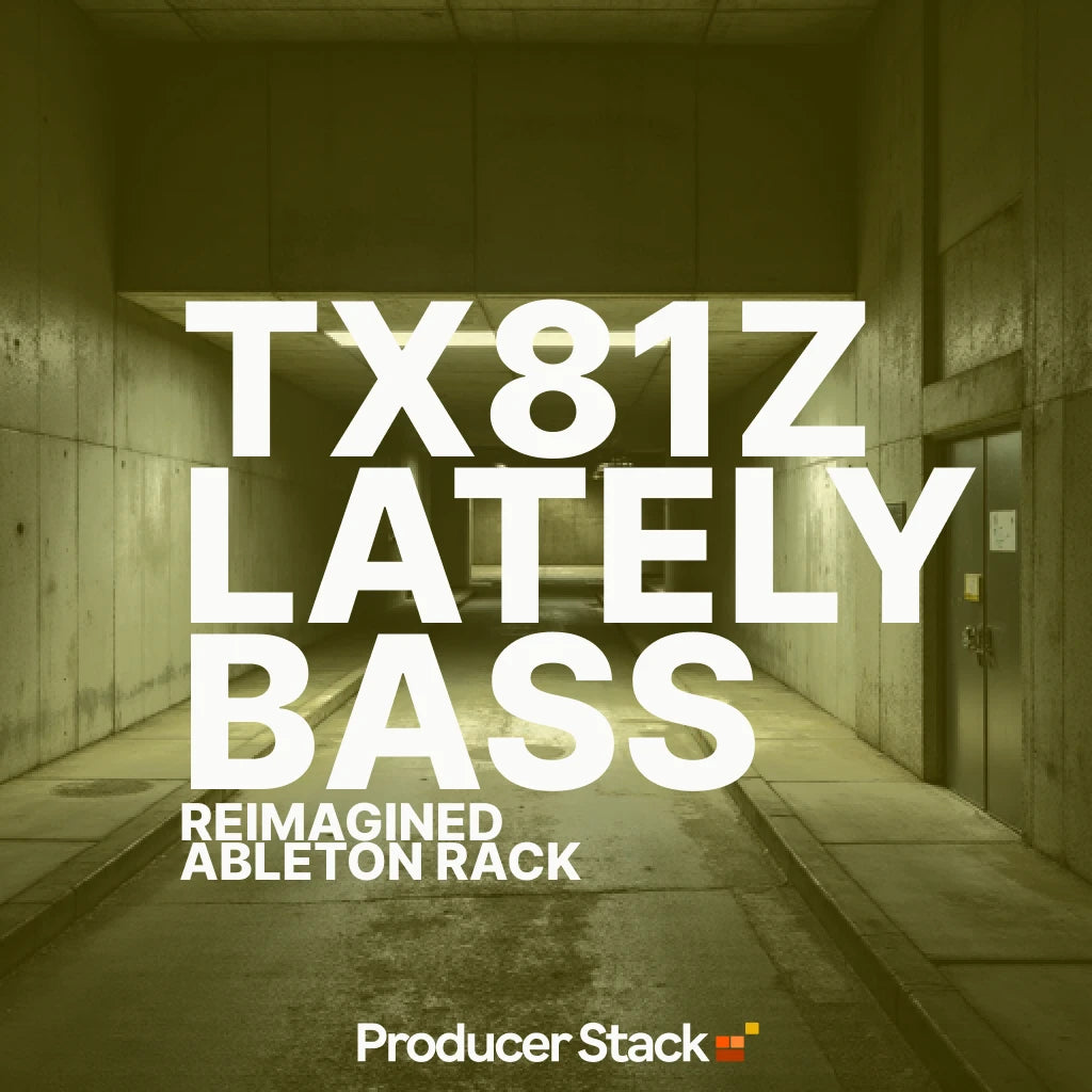 Promotional graphic for TX81Z Lately Bass reimagined Ableton Rack by ProducerStack in an industrial setting.