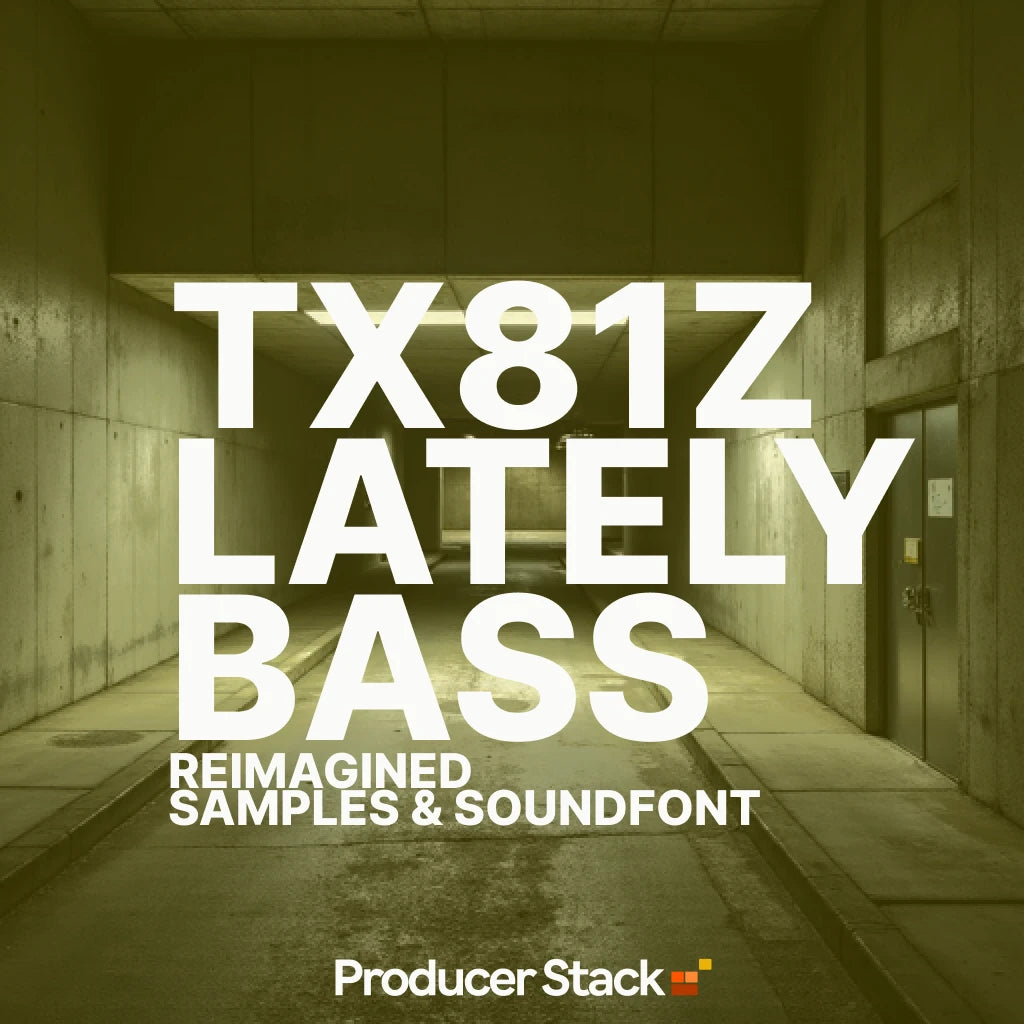 Promotional image for 'TX81Z LATELY BASS' by Producer Stack with a dark hallway background.