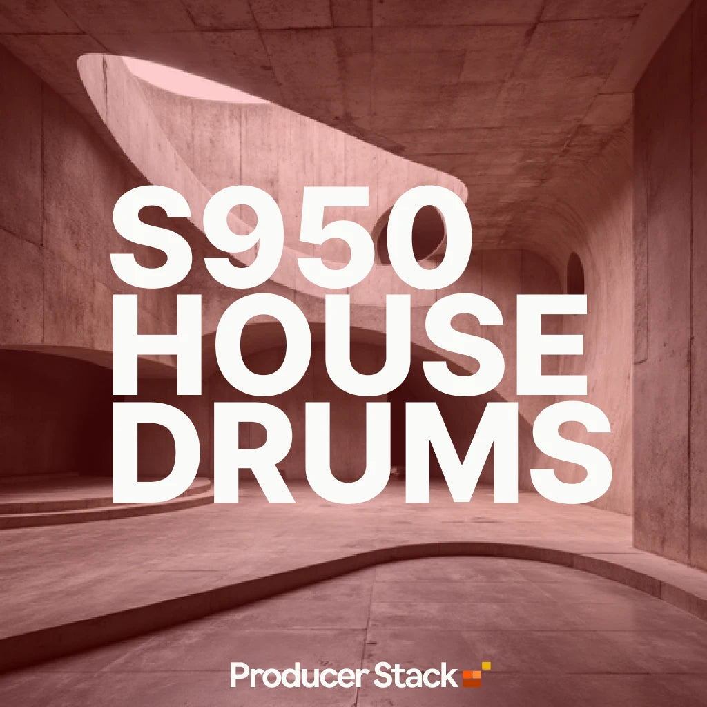 Sample Pack cover for 'S950 House Drums' by ProducerStack.com with a modern architectural background.