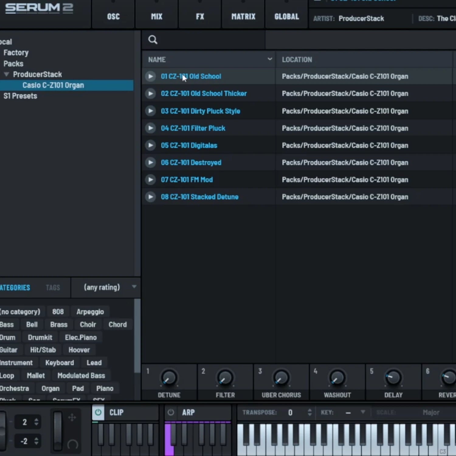 ProducerStack Serum 2 Preset Casio CZ-101 software interface with a list of Presets on a dark background