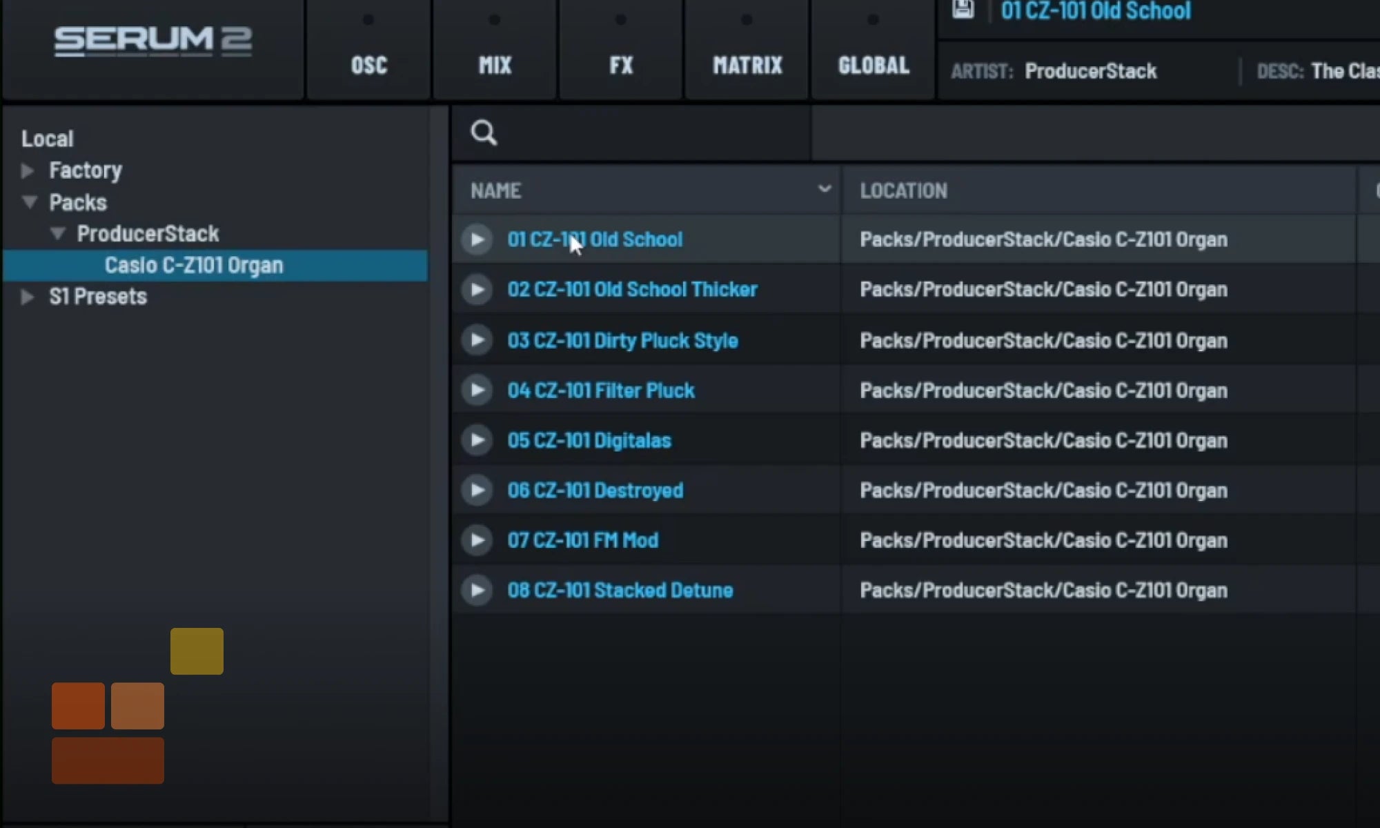 Serum 2 software interface with a list of patches on a dark background. The patches are from the Casio CZ-101 Organ Preset from ProducerStack.com