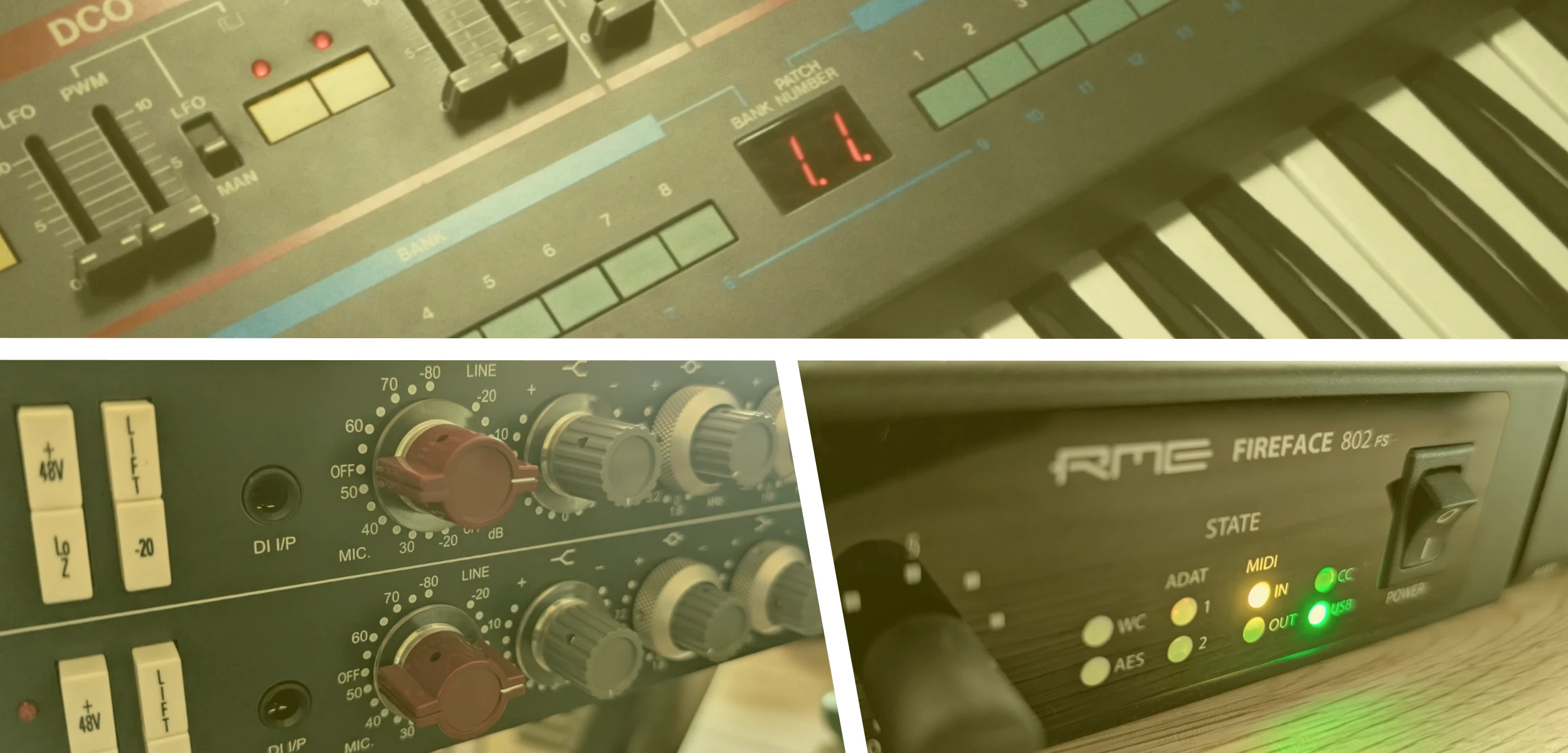 Collage of audio equipment including a Roland Juno 106 Synth, Neve console, and RME Fireface 802 FS interface.
