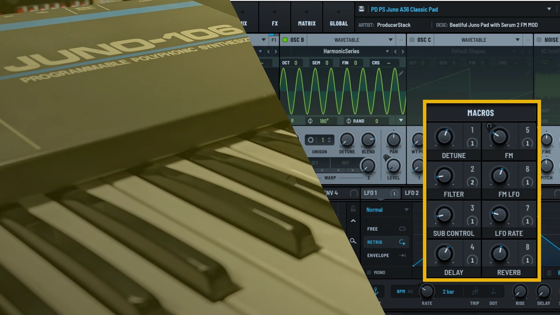Roland Juno-106 synthesizer with  Serum 2 software interface showing audio waveforms and controls from The Roland Juno 106 1073 Reimagined Preset Pack from ProducerStack.com
