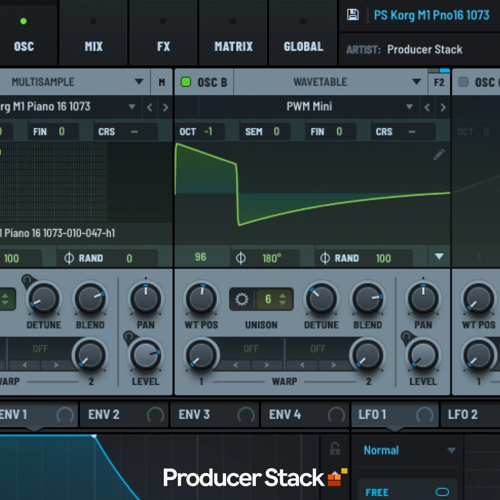 Serum 2 loaded with the PS Korg M1 Pno16 1073 preset, oscillator A running the Korg M1 Piano 16 multisample
