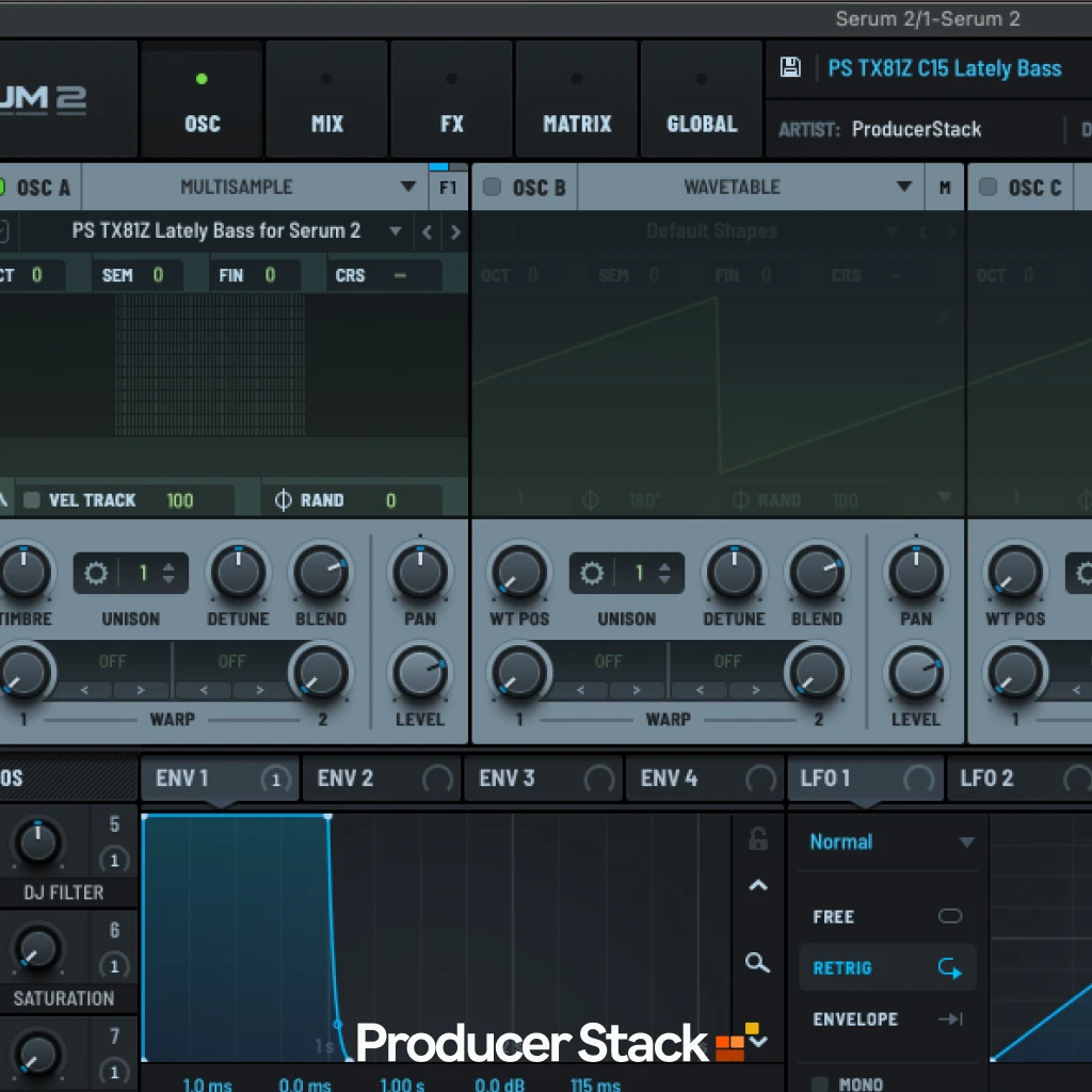 Serum 2 loaded with the PS TX81Z C15 Lately Bass preset, with DJ Filter and Saturation assigned to macros